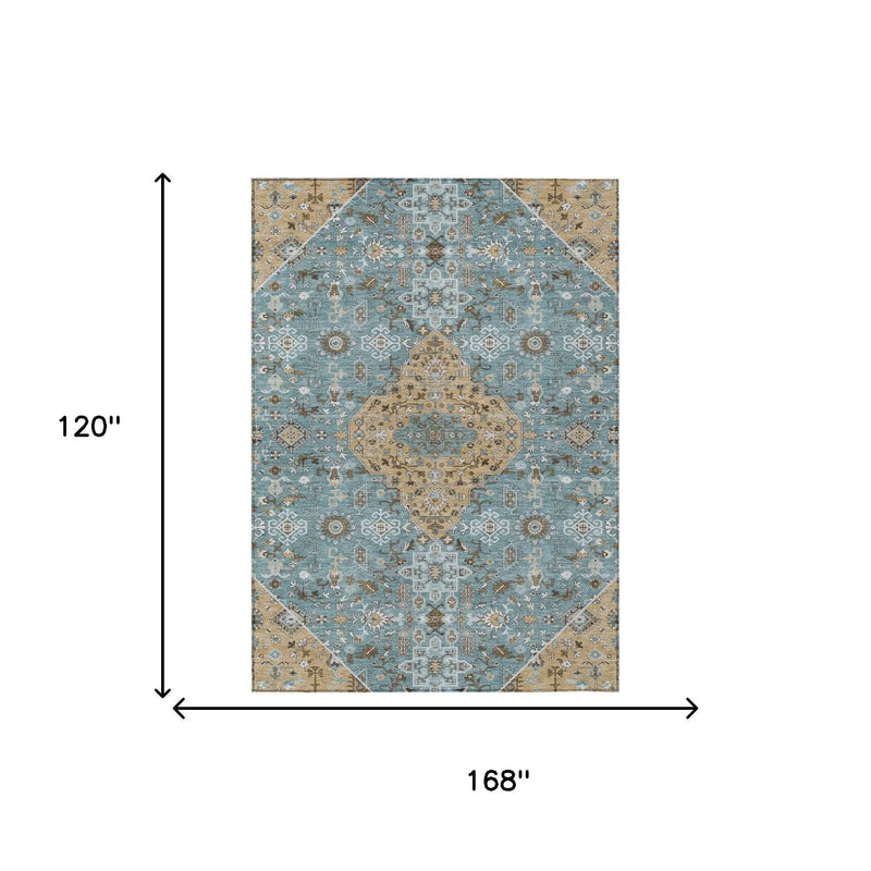 10' X 14' Teal Blue And Graphite Medallion Washable Indoor Outdoor Area Rug Homeroots Outdoor