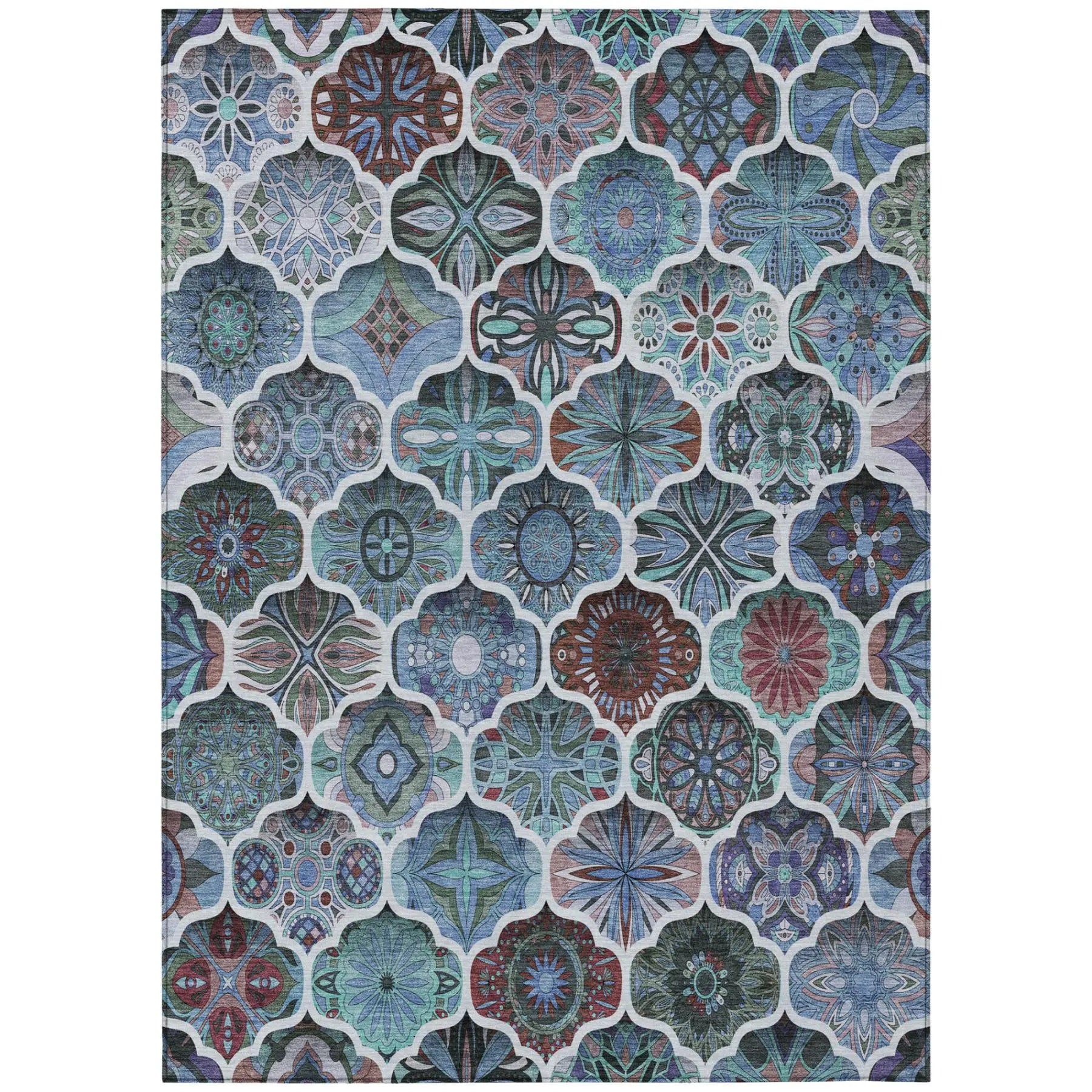 10' X 14' Teal Blue And Graphite Ogee Washable Indoor Outdoor Area Rug Homeroots Outdoor
