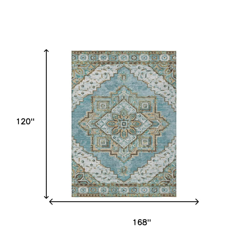 10' X 14' Teal Blue And Graphite Oriental Washable Indoor Outdoor Area Rug Homeroots Outdoor