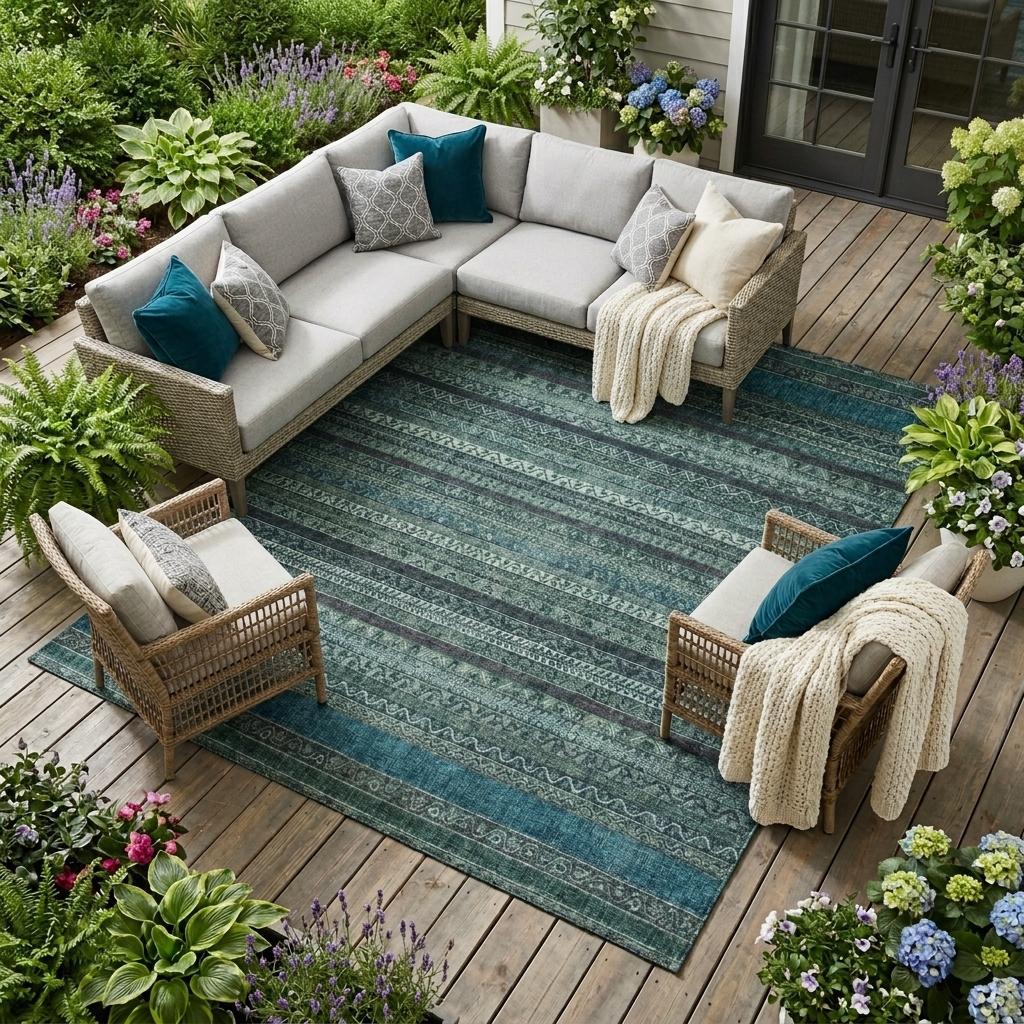 10' X 14' Teal Blue And Graphite Striped Washable Indoor Outdoor Area Rug Homeroots Outdoor