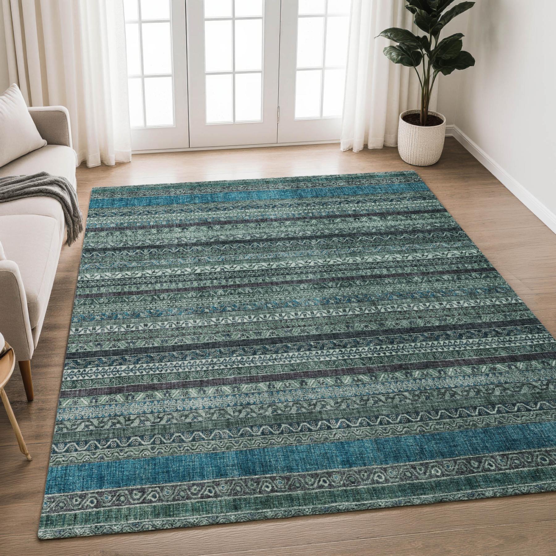 10' X 14' Teal Blue And Graphite Striped Washable Indoor Outdoor Area Rug Homeroots Outdoor