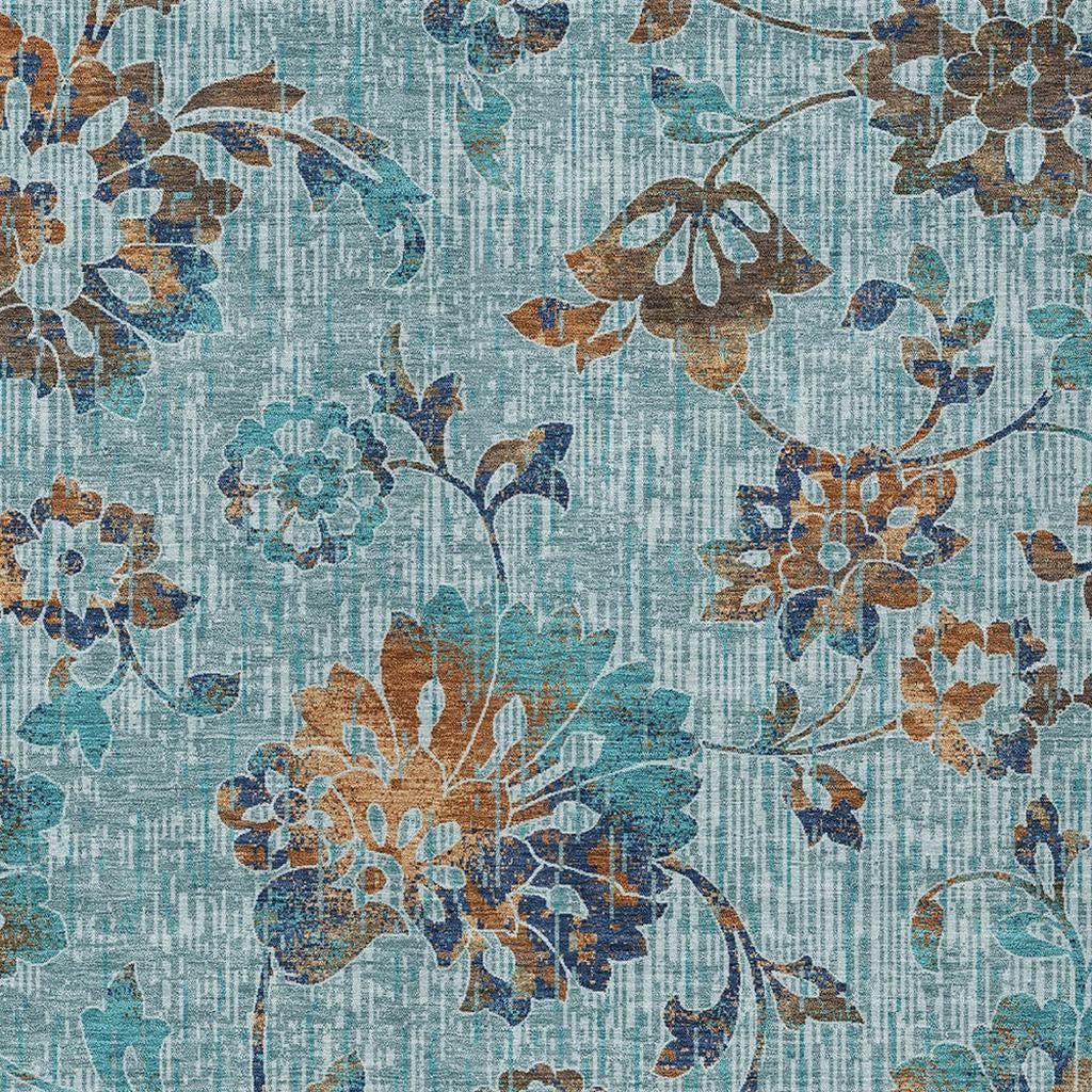 10' X 14' Teal Blue And Gray Floral Washable Indoor Outdoor Area Rug Homeroots Outdoor