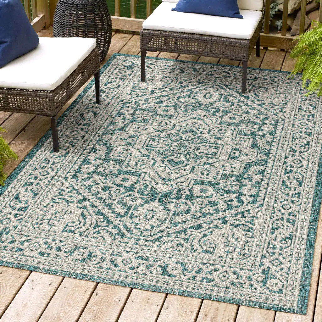 10' X 14' Teal Blue And Gray Medallion Indoor Outdoor Area Rug Homeroots Outdoor