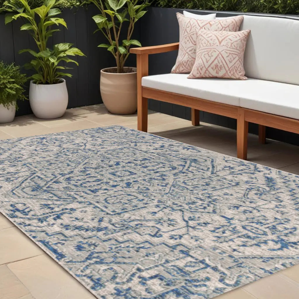 10' X 14' Teal Blue And Gray Medallion Indoor Outdoor Area Rug Homeroots Outdoor