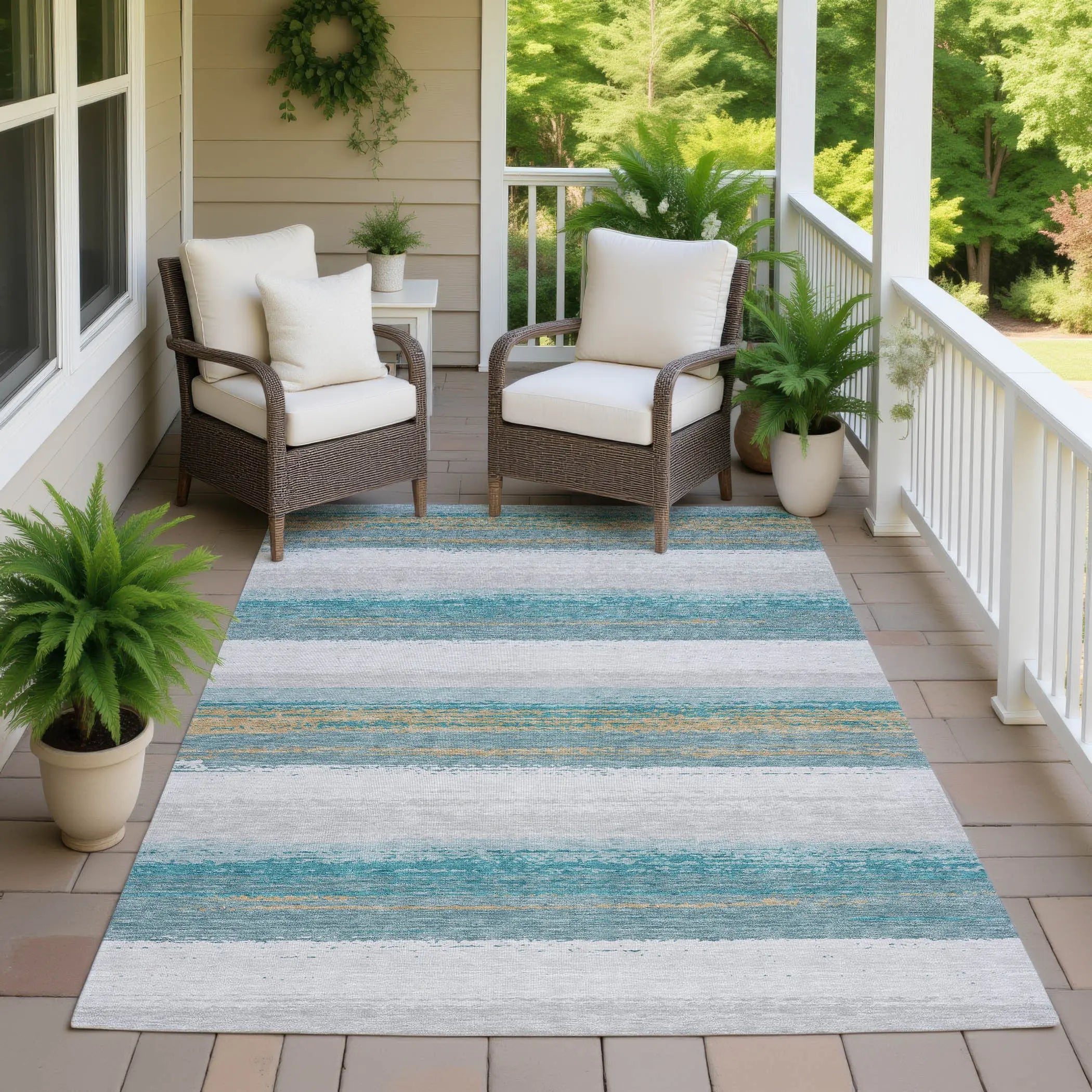 10' X 14' Teal Blue And Gray Striped Washable Indoor Outdoor Area Rug Homeroots Outdoor