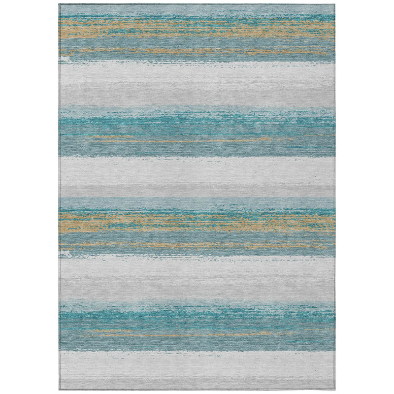 10' X 14' Teal Blue And Gray Striped Washable Indoor Outdoor Area Rug Homeroots Outdoor