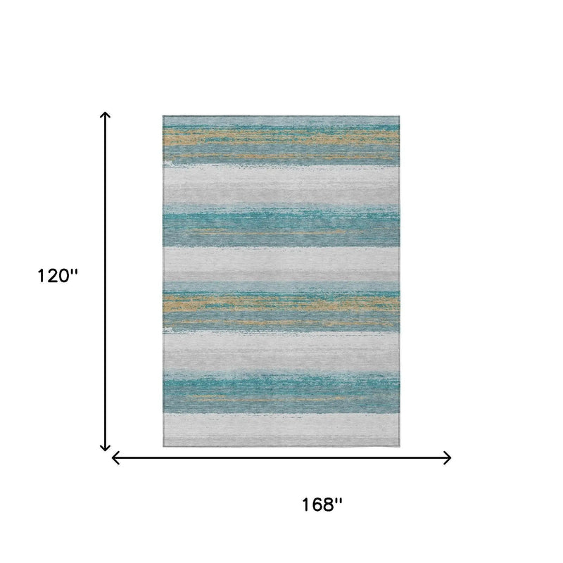 10' X 14' Teal Blue And Gray Striped Washable Indoor Outdoor Area Rug Homeroots Outdoor