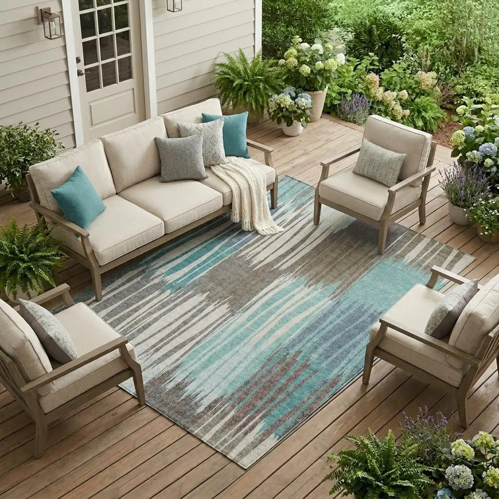 10' X 14' Teal Blue And Gray Striped Washable Indoor Outdoor Area Rug Homeroots Outdoor