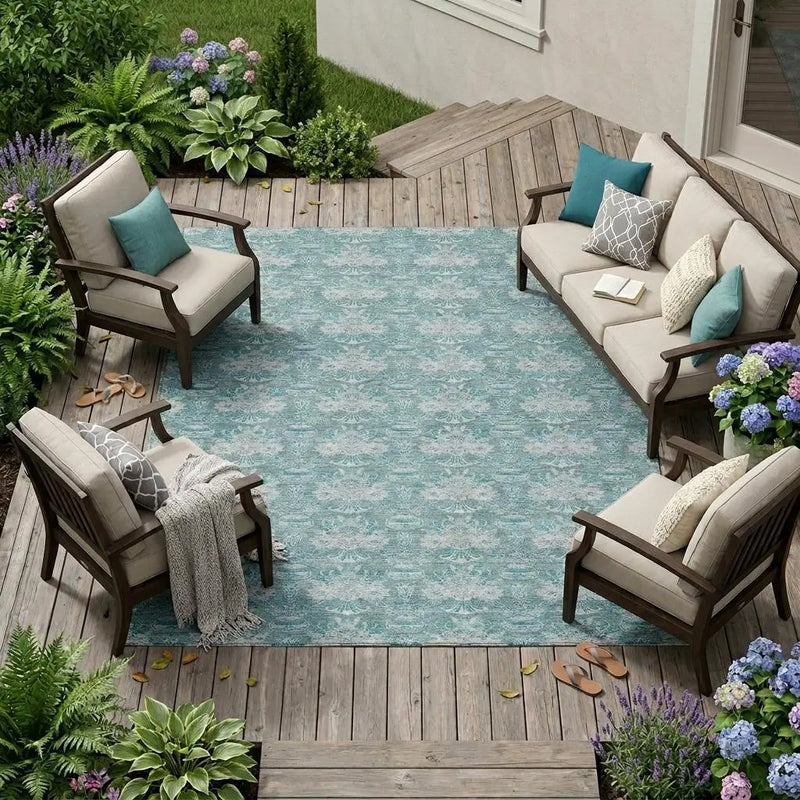 10' X 14' Teal Blue And Green Floral Washable Indoor Outdoor Area Rug Homeroots Outdoor