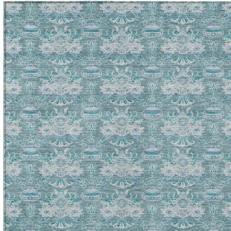 10' X 14' Teal Blue And Green Floral Washable Indoor Outdoor Area Rug Homeroots Outdoor