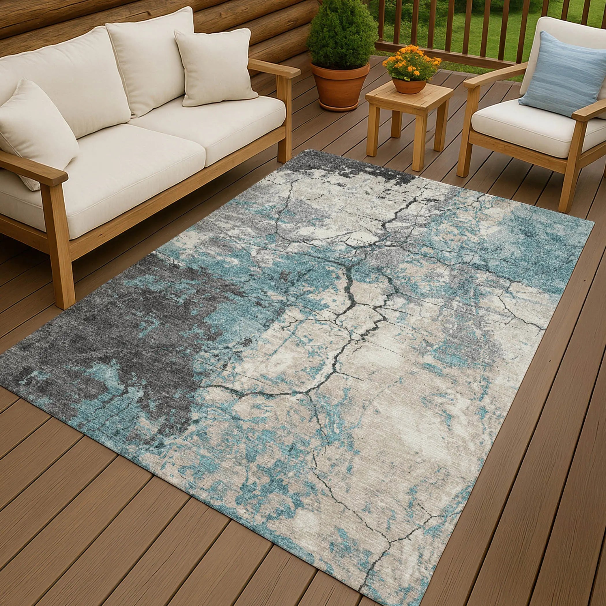 10' X 14' Teal Blue And Ivory Abstract Washable Indoor Outdoor Area Rug Homeroots Outdoor