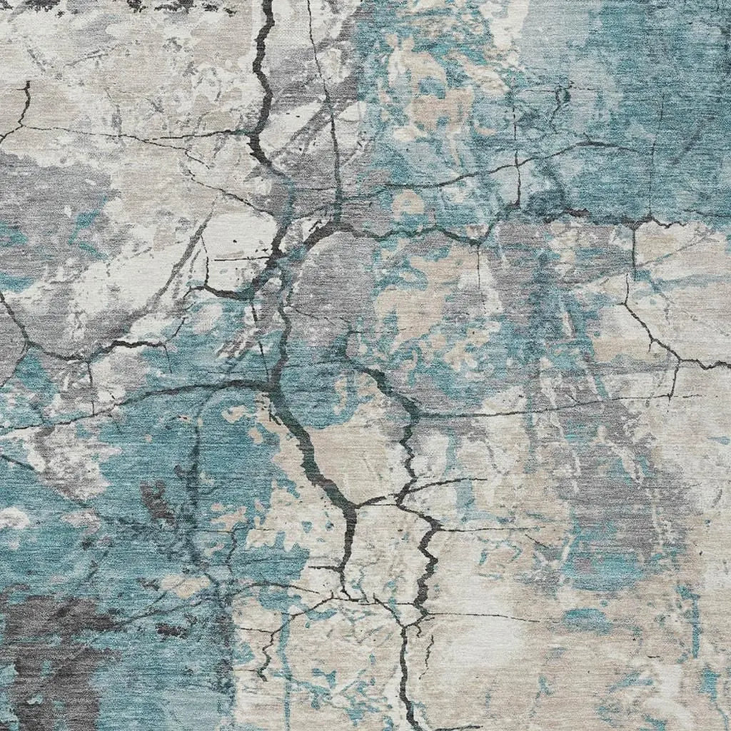 10' X 14' Teal Blue And Ivory Abstract Washable Indoor Outdoor Area Rug Homeroots Outdoor