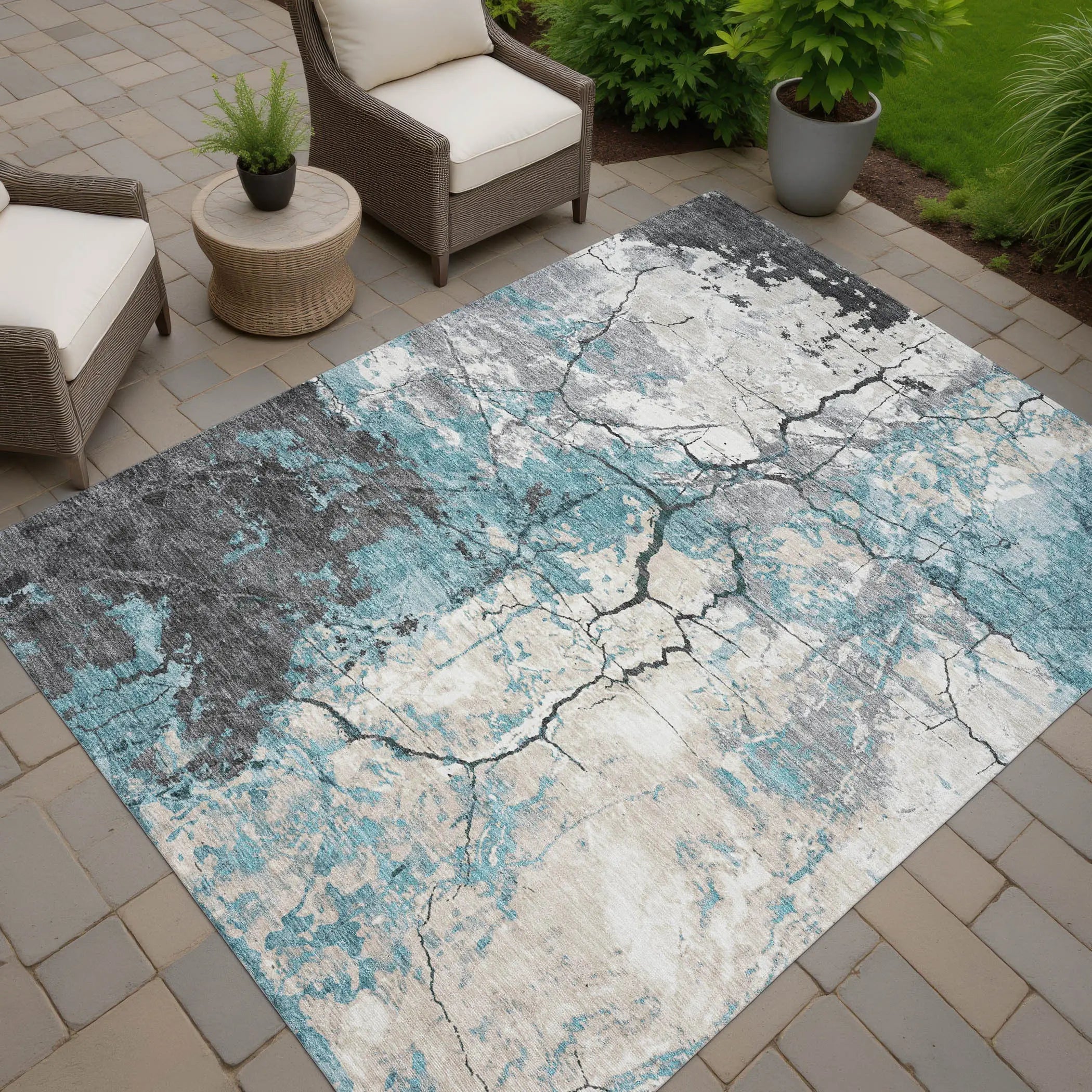 10' X 14' Teal Blue And Ivory Abstract Washable Indoor Outdoor Area Rug Homeroots Outdoor