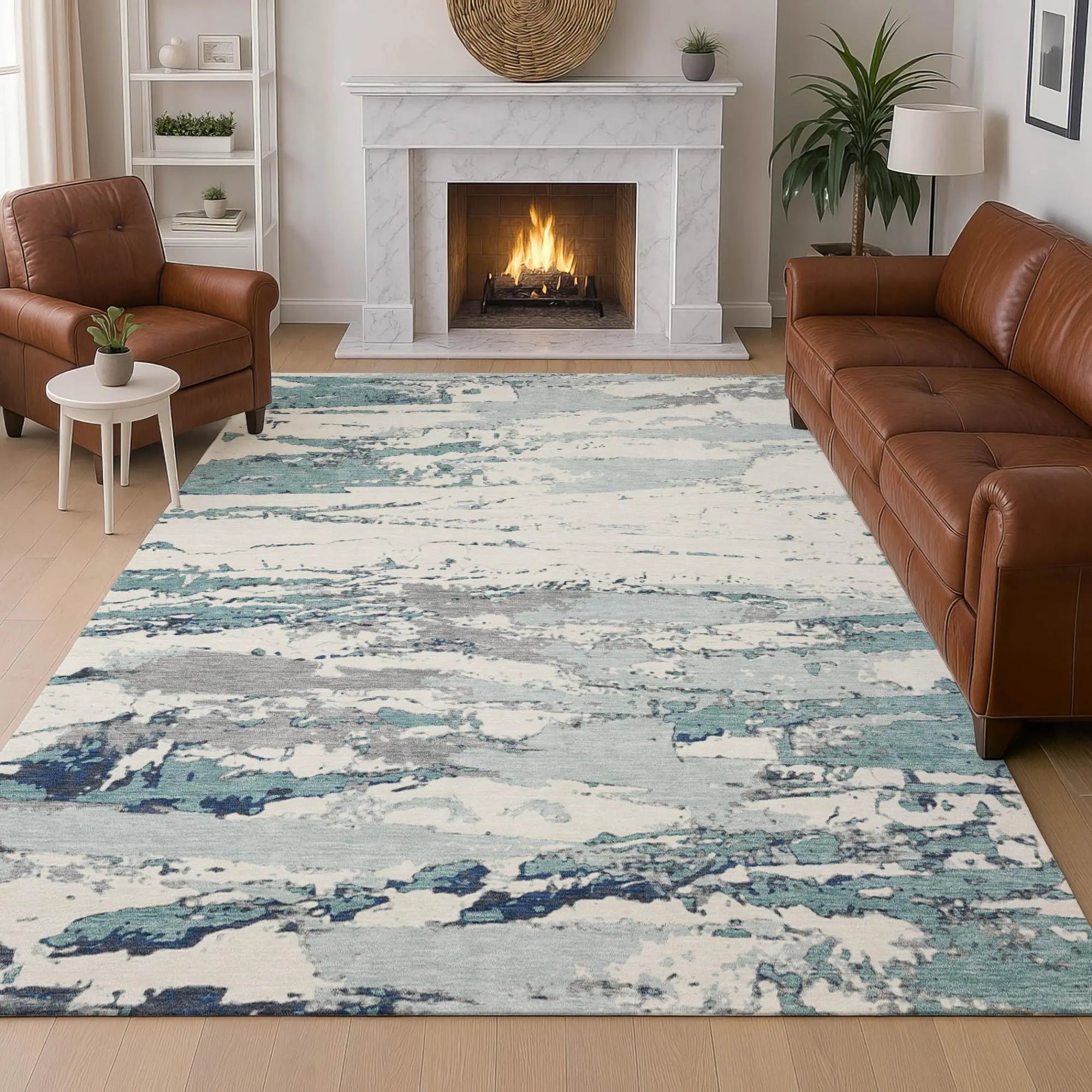 10' X 14' Teal Blue And Ivory Abstract Washable Indoor Outdoor Area Rug Homeroots Outdoor