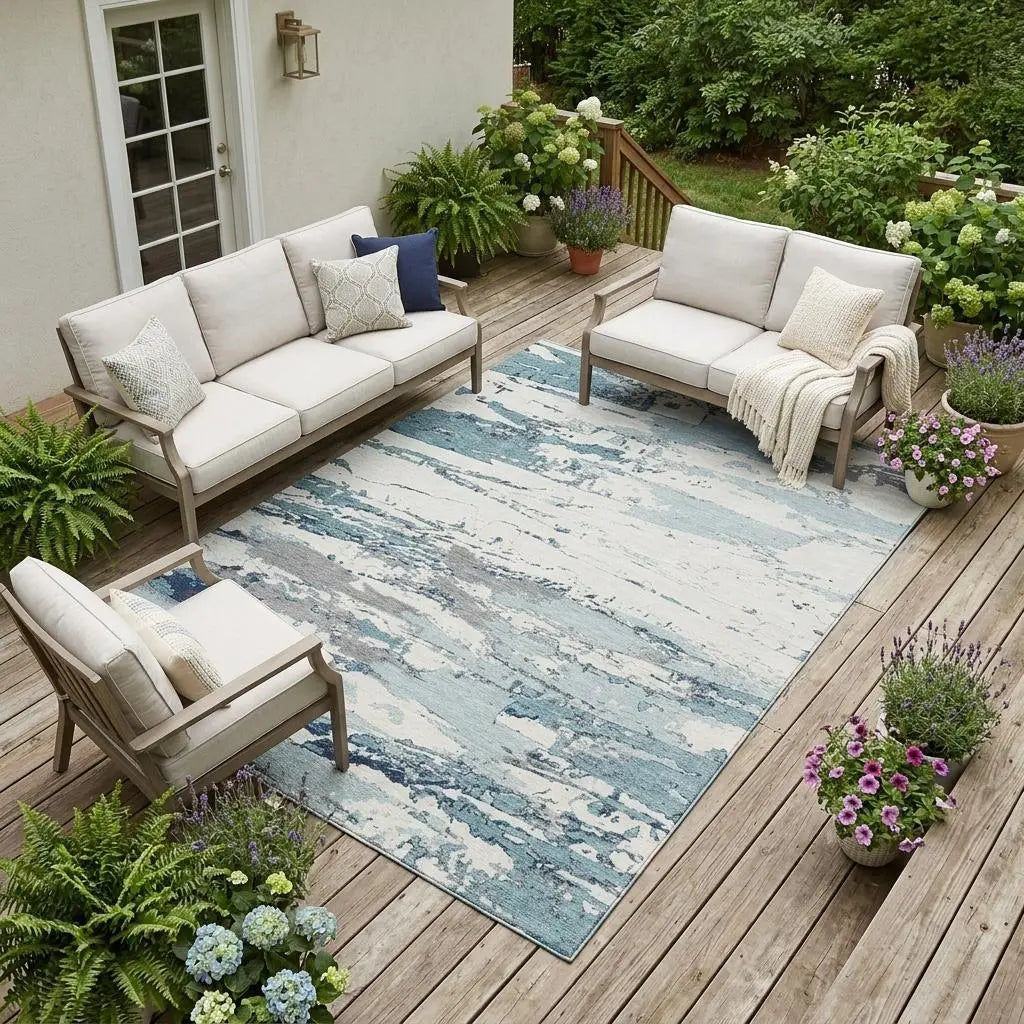 10' X 14' Teal Blue And Ivory Abstract Washable Indoor Outdoor Area Rug Homeroots Outdoor