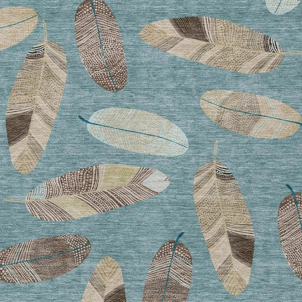 10' X 14' Teal Blue And Ivory Botanical Leaves Washable Indoor Outdoor Area Rug Homeroots Outdoor