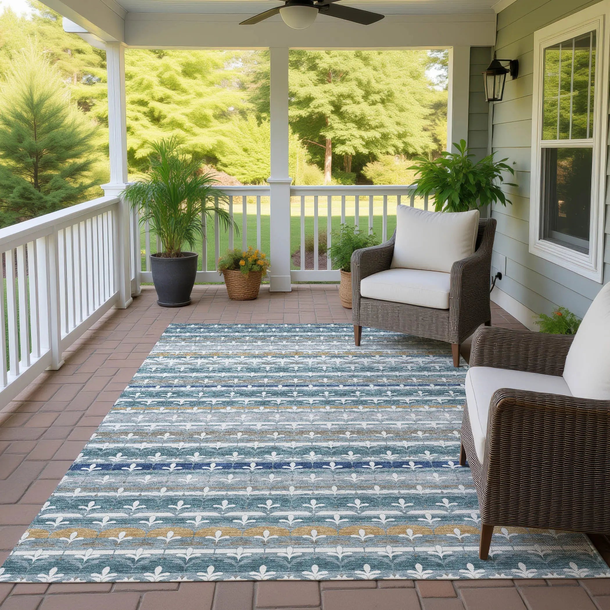 10' X 14' Teal Blue And Ivory Damask Washable Indoor Outdoor Area Rug Homeroots Outdoor