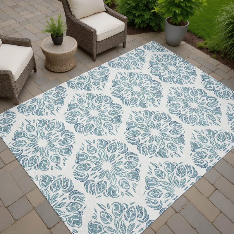 10' X 14' Teal Blue And Ivory Damask Washable Indoor Outdoor Area Rug Homeroots Outdoor