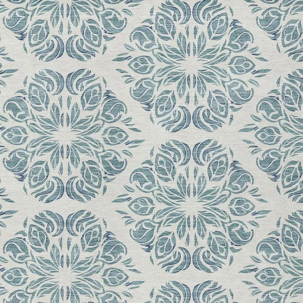 10' X 14' Teal Blue And Ivory Damask Washable Indoor Outdoor Area Rug Homeroots Outdoor