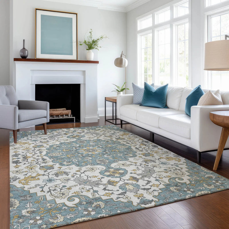 10' X 14' Teal Blue And Ivory Floral Medallion Washable Indoor Outdoor Area Rug Homeroots Outdoor