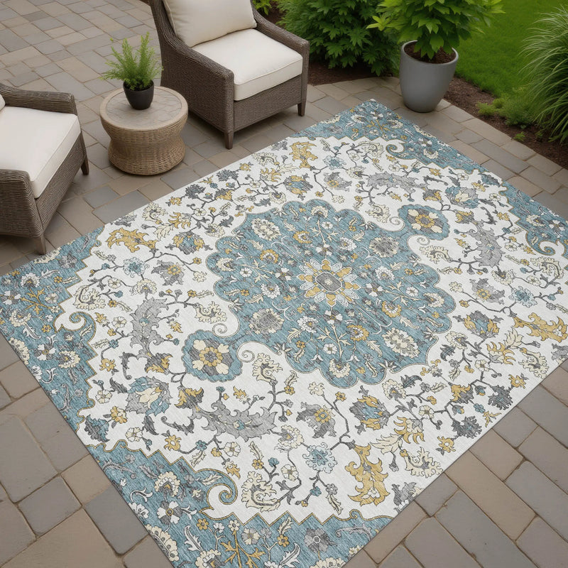 10' X 14' Teal Blue And Ivory Floral Medallion Washable Indoor Outdoor Area Rug Homeroots Outdoor