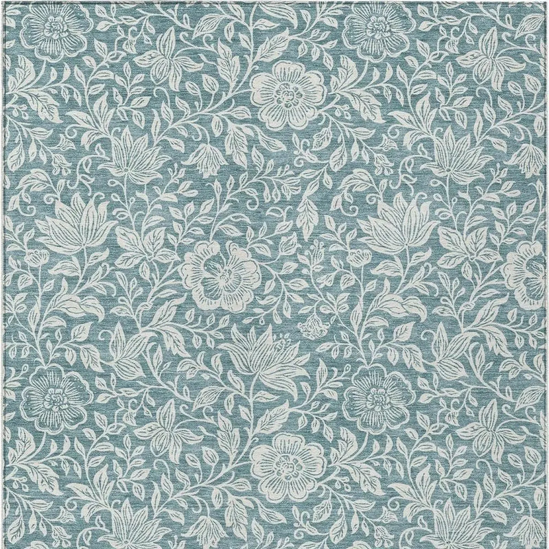 10' X 14' Teal Blue And Ivory Floral Washable Indoor Outdoor Area Rug Homeroots Outdoor