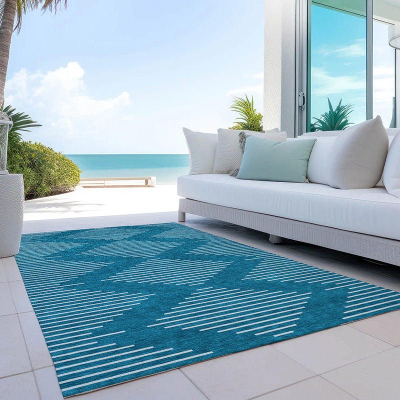 10' X 14' Teal Blue And Ivory Geometric Washable Indoor Outdoor Area Rug Homeroots Outdoor