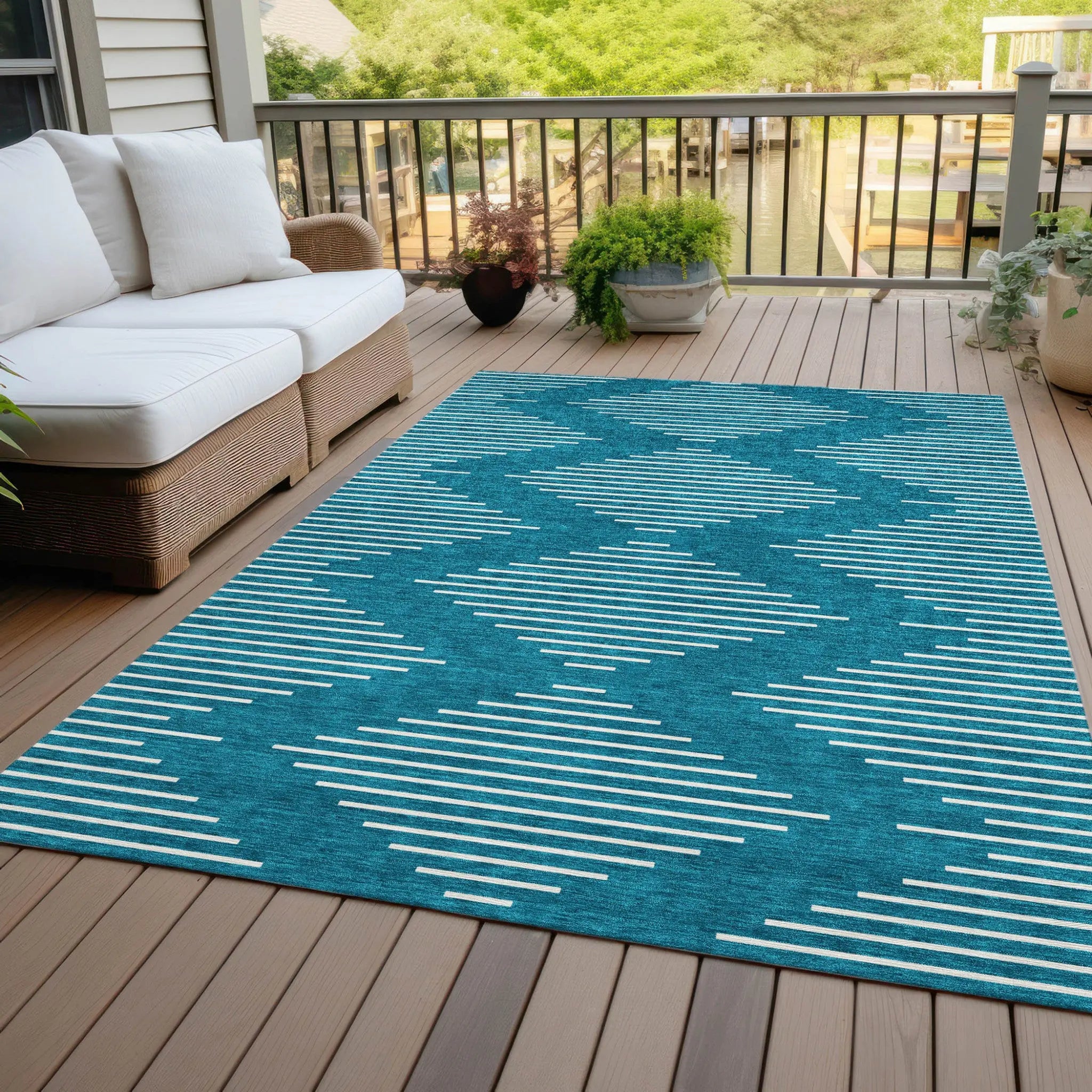 10' X 14' Teal Blue And Ivory Geometric Washable Indoor Outdoor Area Rug Homeroots Outdoor