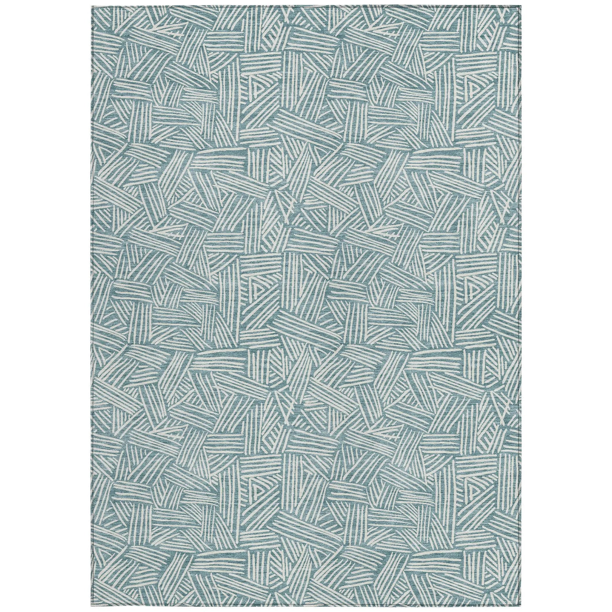 10' X 14' Teal Blue And Ivory Geometric Washable Indoor Outdoor Area Rug Homeroots Outdoor