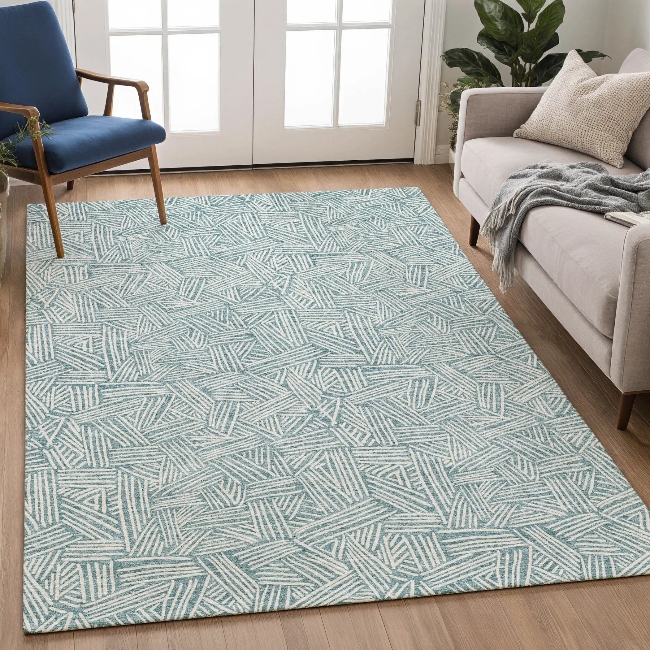 10' X 14' Teal Blue And Ivory Geometric Washable Indoor Outdoor Area Rug Homeroots Outdoor