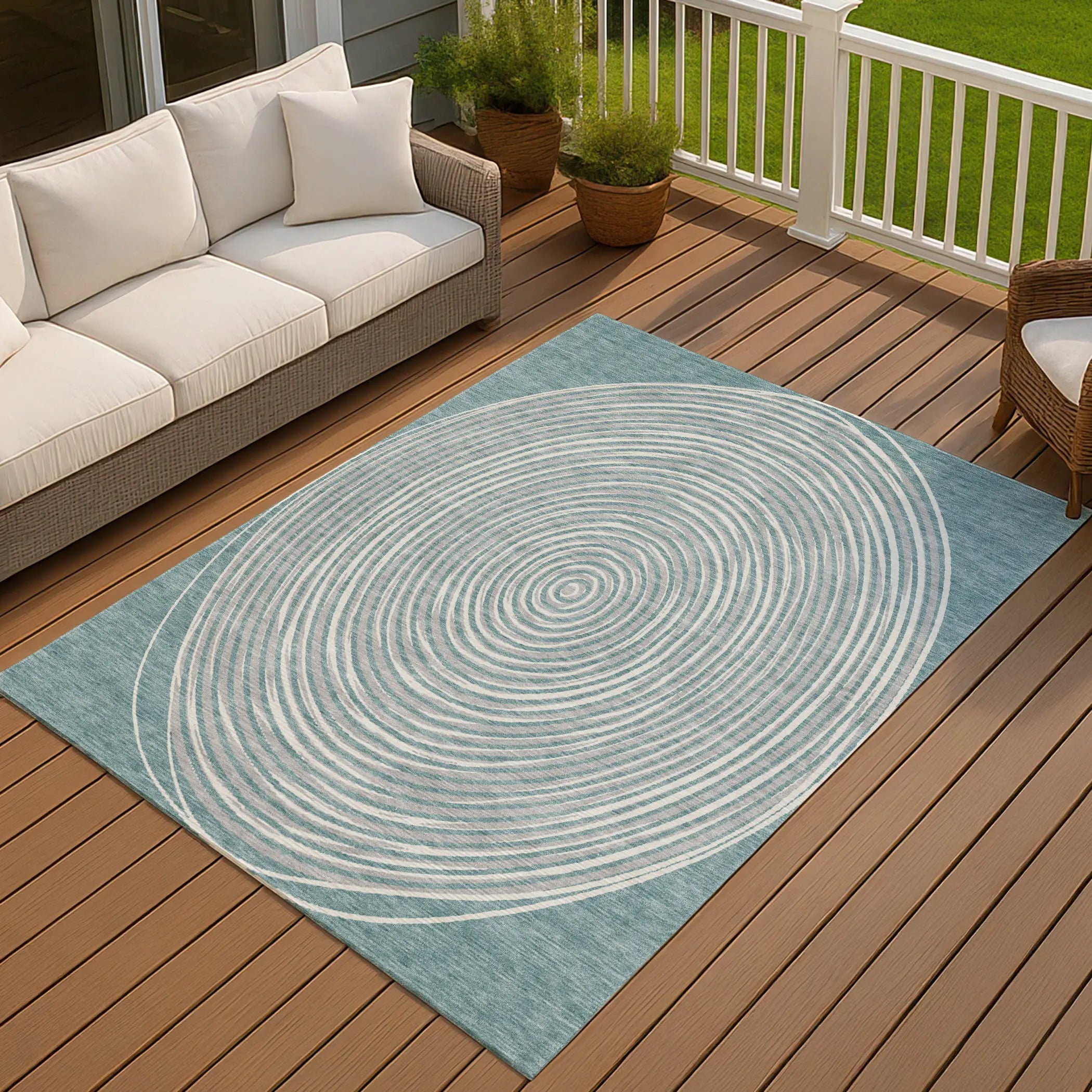10' X 14' Teal Blue And Ivory Geometric Washable Indoor Outdoor Area Rug Homeroots Outdoor