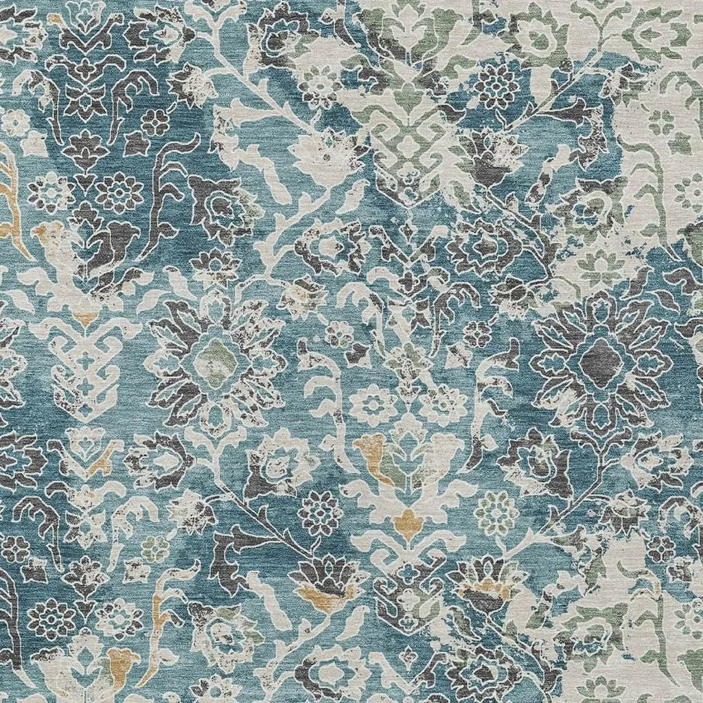 10' X 14' Teal Blue And Ivory Geometric Washable Indoor Outdoor Area Rug Homeroots Outdoor
