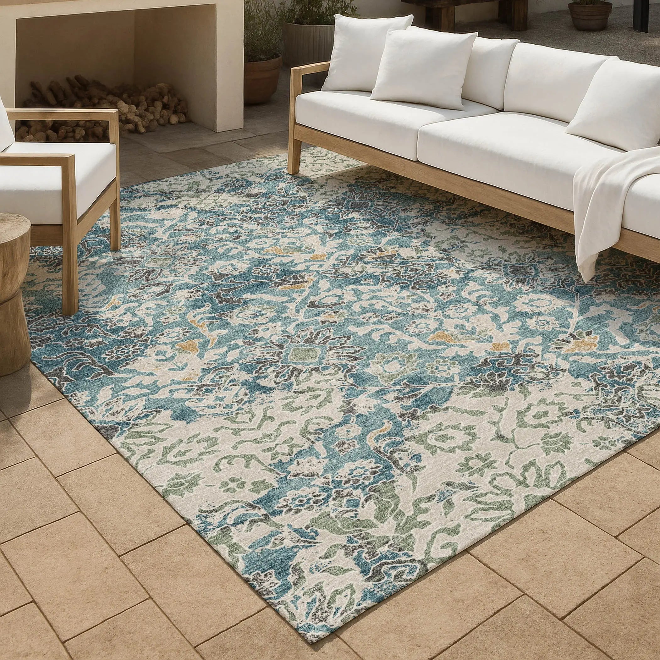 10' X 14' Teal Blue And Ivory Geometric Washable Indoor Outdoor Area Rug Homeroots Outdoor