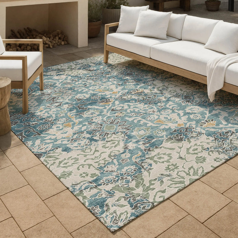 10' X 14' Teal Blue And Ivory Geometric Washable Indoor Outdoor Area Rug Homeroots Outdoor
