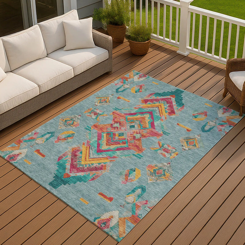 10' X 14' Teal Blue And Ivory Tribal Washable Indoor Outdoor Area Rug Homeroots Outdoor