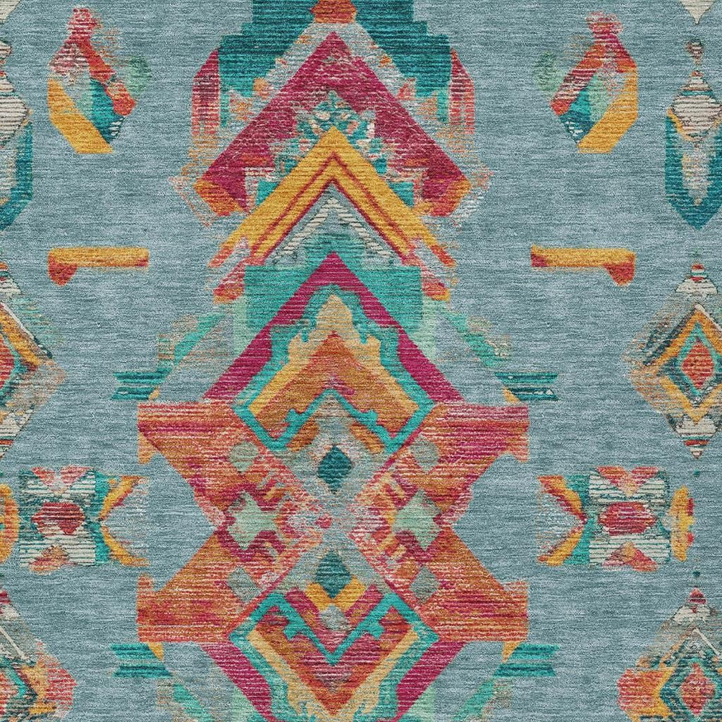 10' X 14' Teal Blue And Ivory Tribal Washable Indoor Outdoor Area Rug Homeroots Outdoor