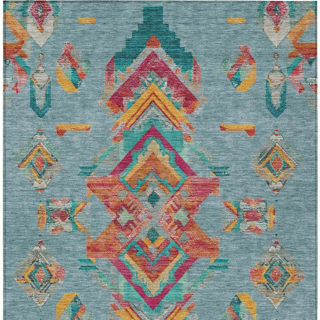 10' X 14' Teal Blue And Ivory Tribal Washable Indoor Outdoor Area Rug Homeroots Outdoor