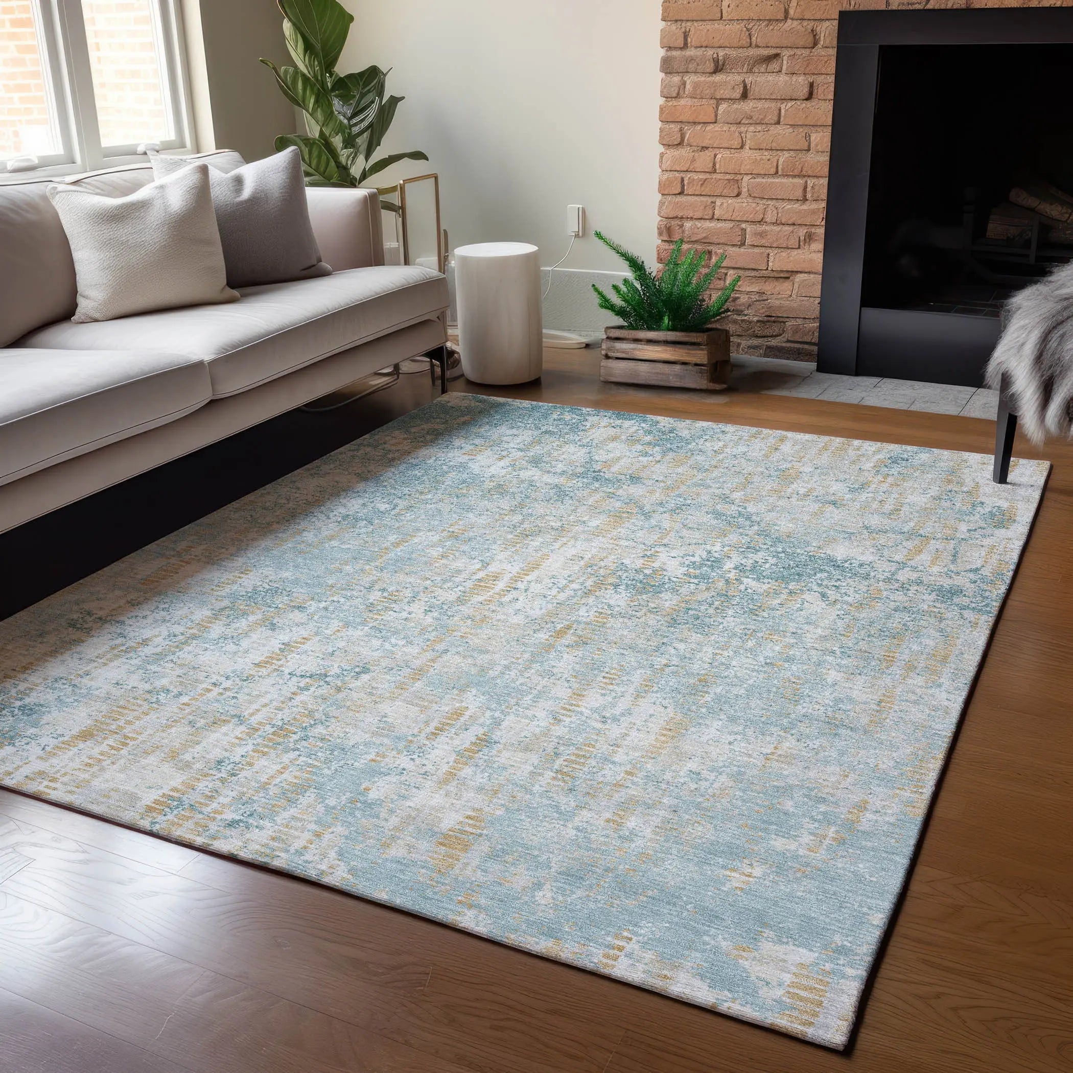 10' X 14' Teal Blue And Linen Abstract Washable Indoor Outdoor Area Rug Homeroots Outdoor