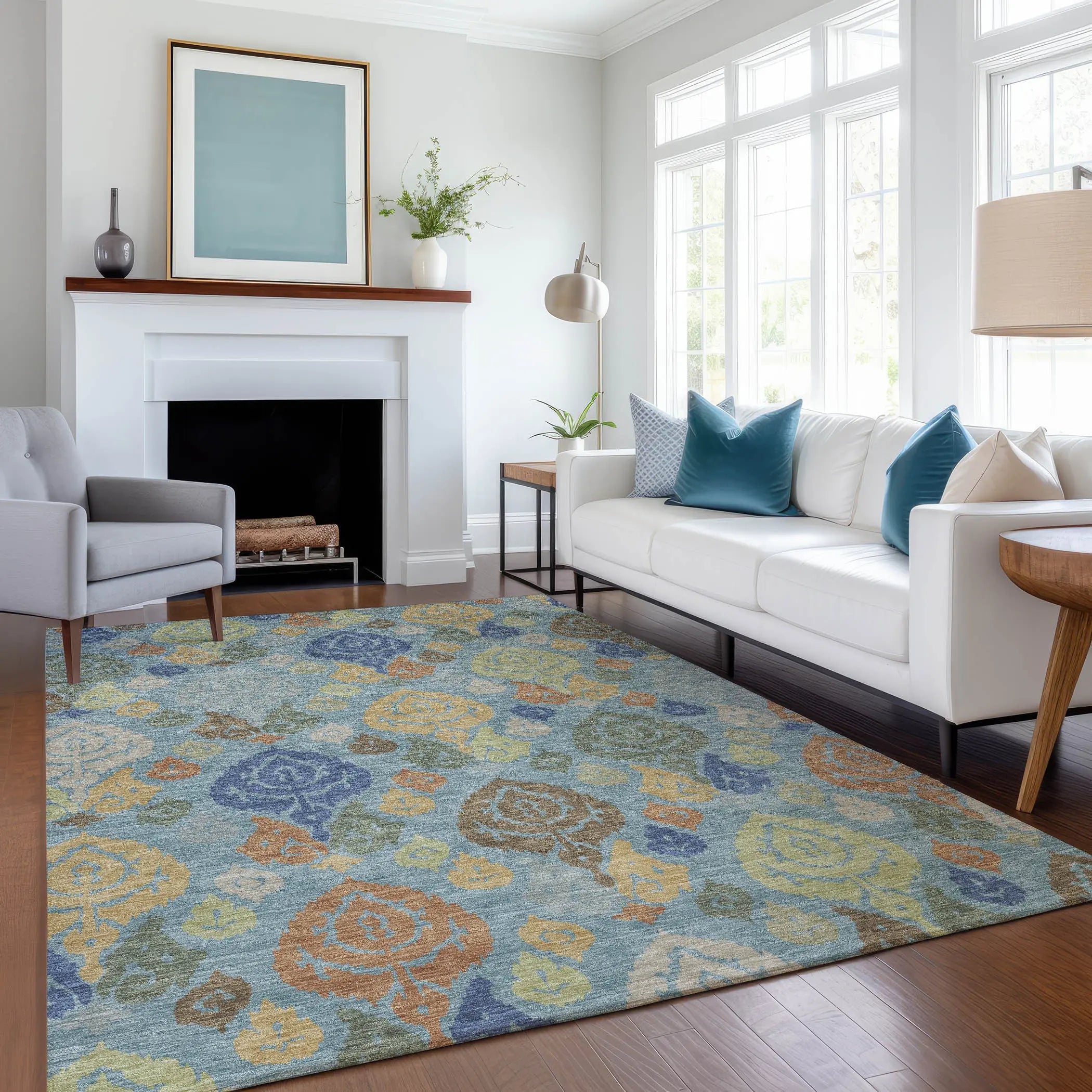 10' X 14' Teal Blue And Navy Blue Damask Washable Indoor Outdoor Area Rug Homeroots Outdoor