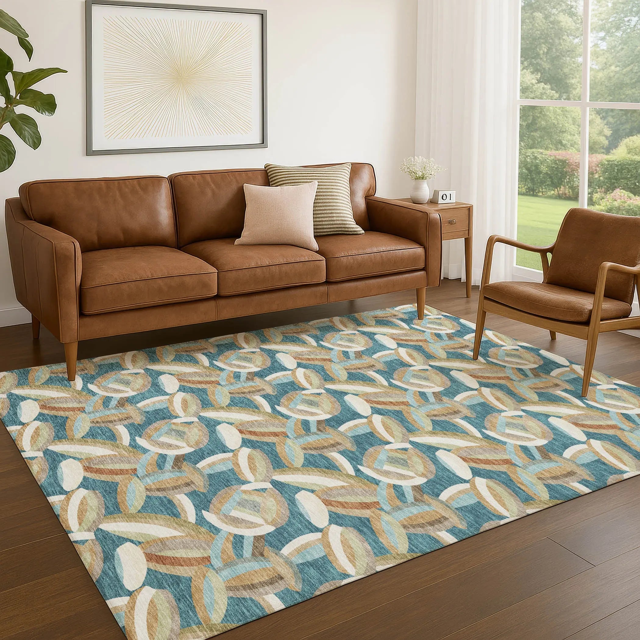 10' X 14' Teal Blue And Orange Abstract Washable Indoor Outdoor Area Rug Homeroots Outdoor