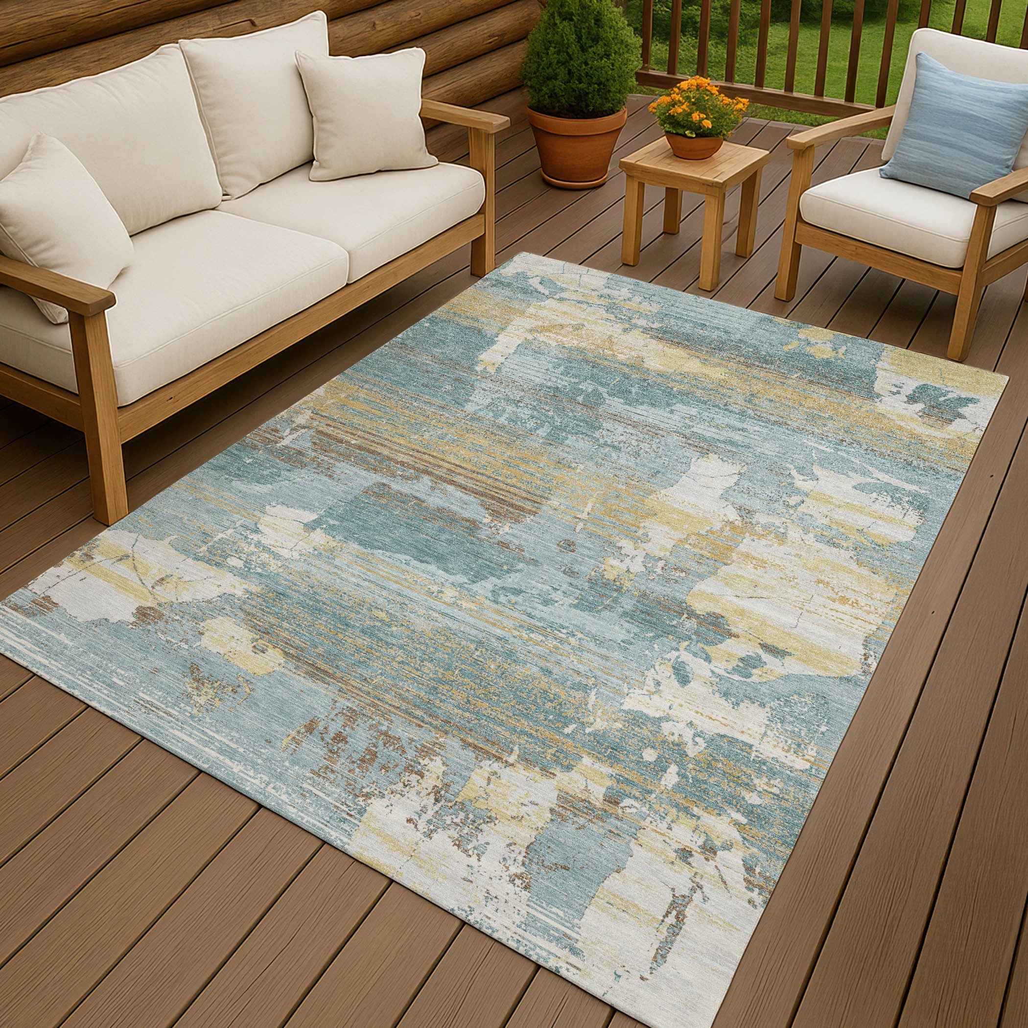 10' X 14' Teal Blue And Pewter Abstract Washable Indoor Outdoor Area Rug Homeroots Outdoor