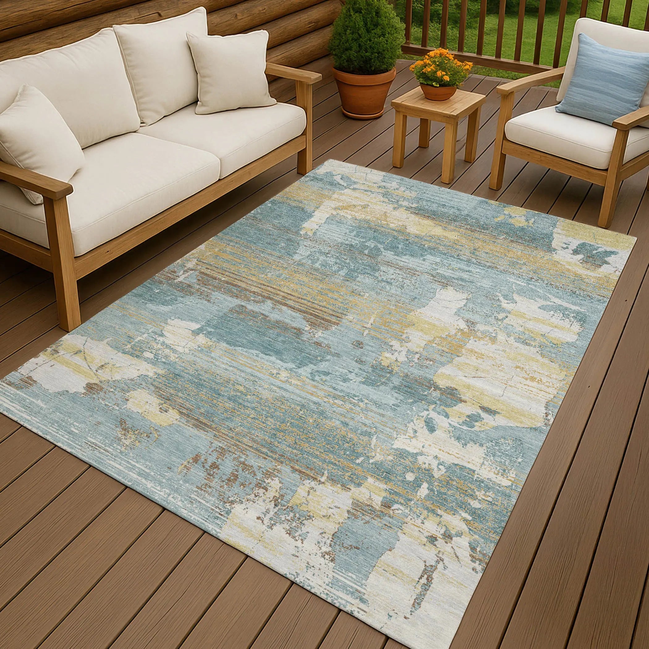 10' X 14' Teal Blue And Pewter Abstract Washable Indoor Outdoor Area Rug Homeroots Outdoor