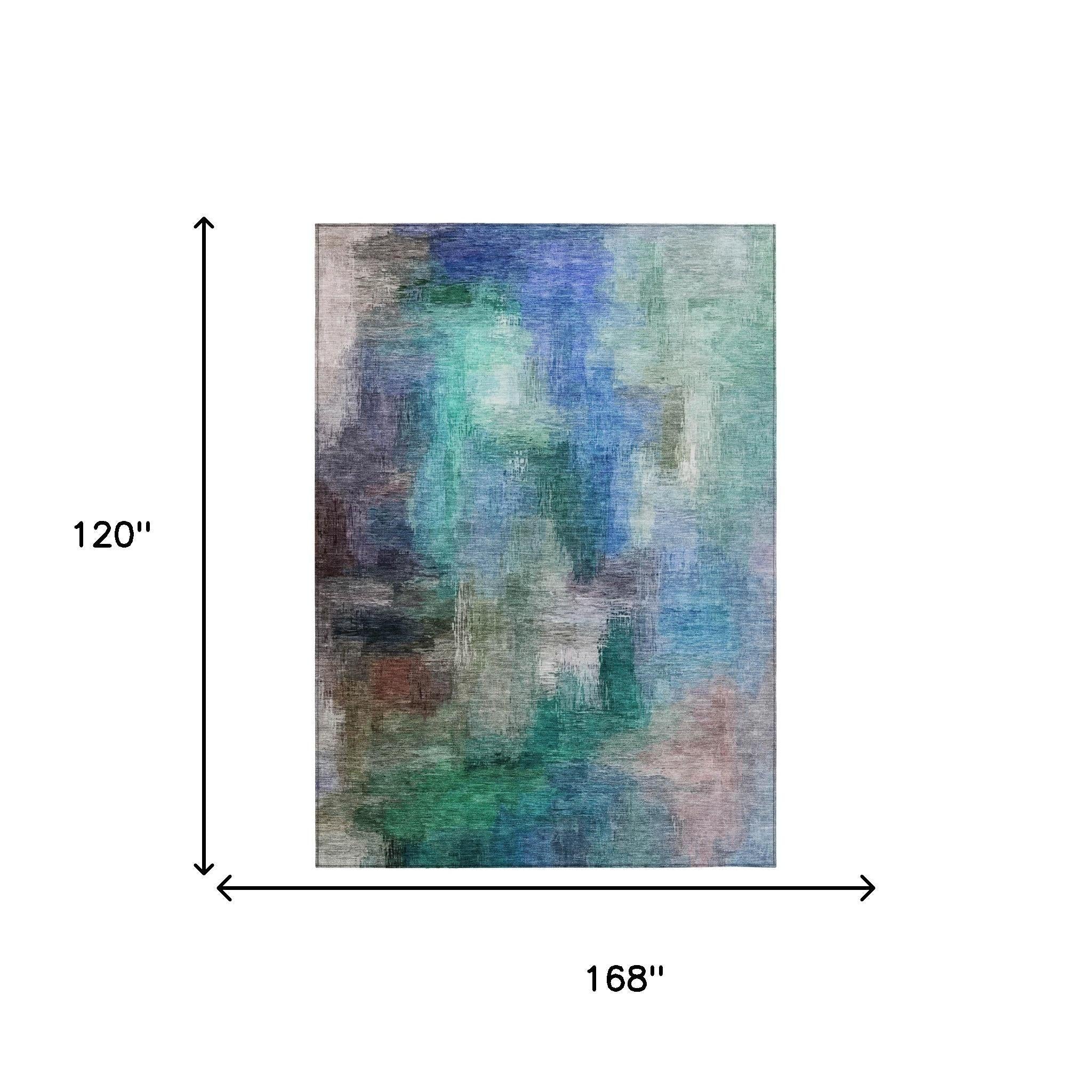 10' X 14' Teal Blue And Pewter Abstract Washable Indoor Outdoor Area Rug Homeroots Outdoor