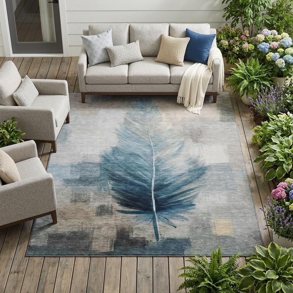 10' X 14' Teal Blue And Pewter Botanical Leaves Washable Indoor Outdoor Area Rug Homeroots Outdoor