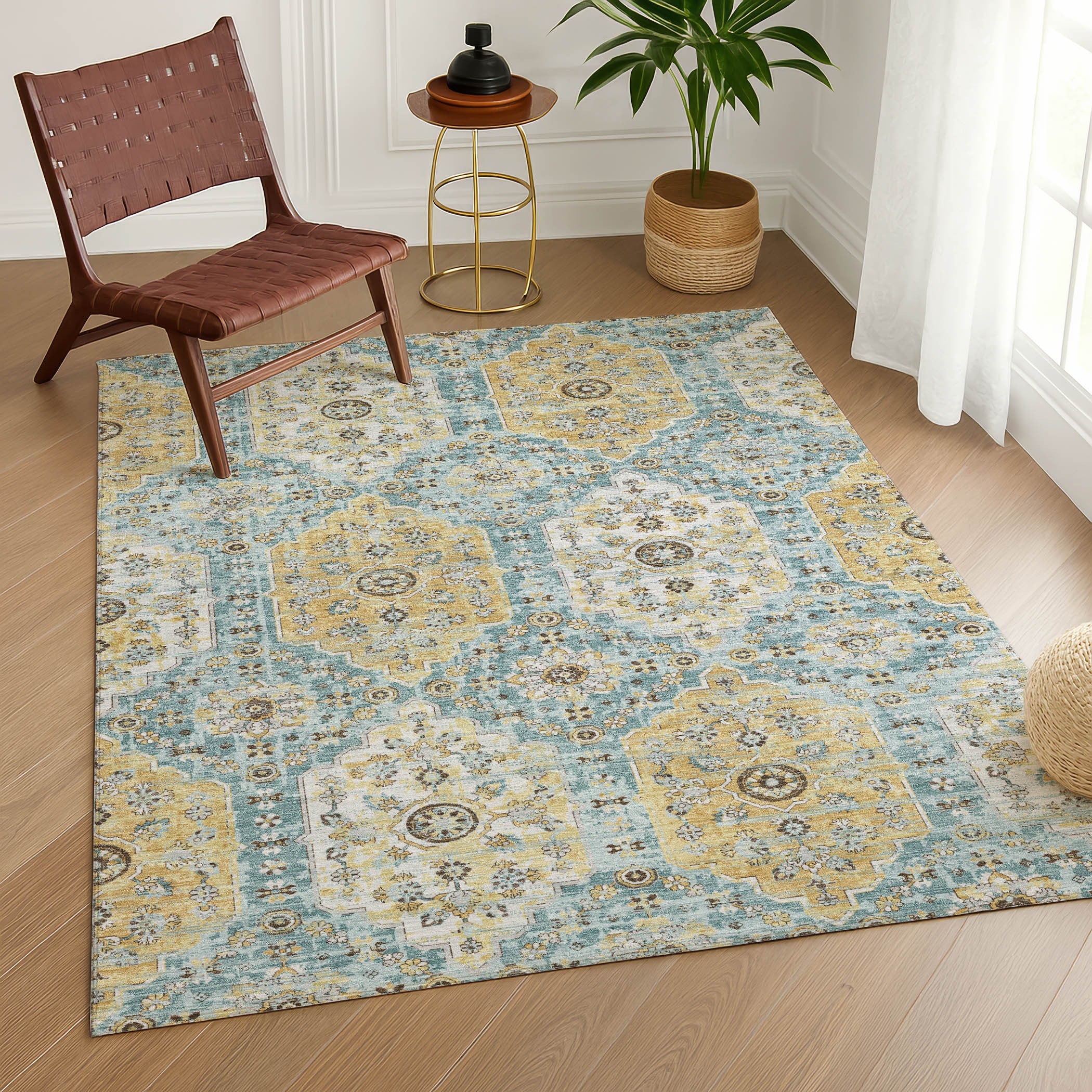 10' X 14' Teal Blue And Pewter Damask Washable Indoor Outdoor Area Rug Homeroots Outdoor