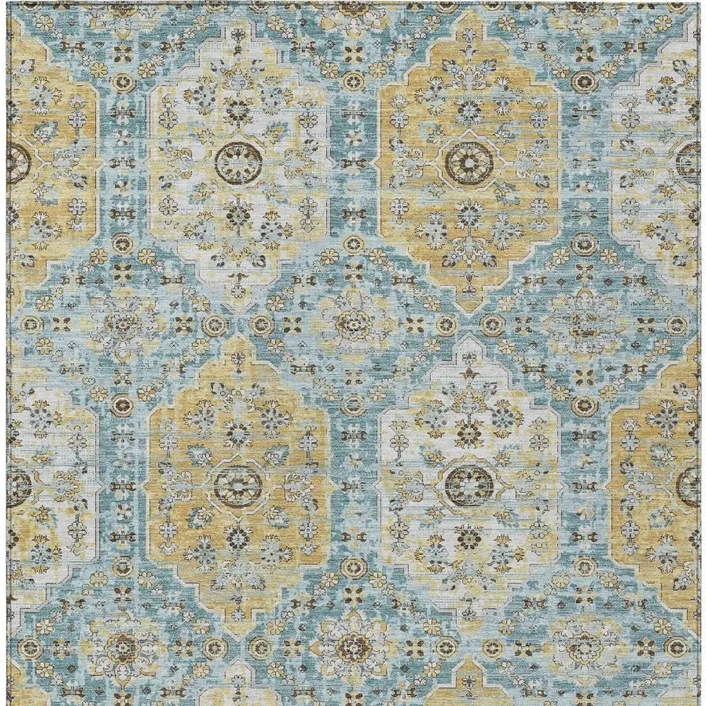 10' X 14' Teal Blue And Pewter Damask Washable Indoor Outdoor Area Rug Homeroots Outdoor