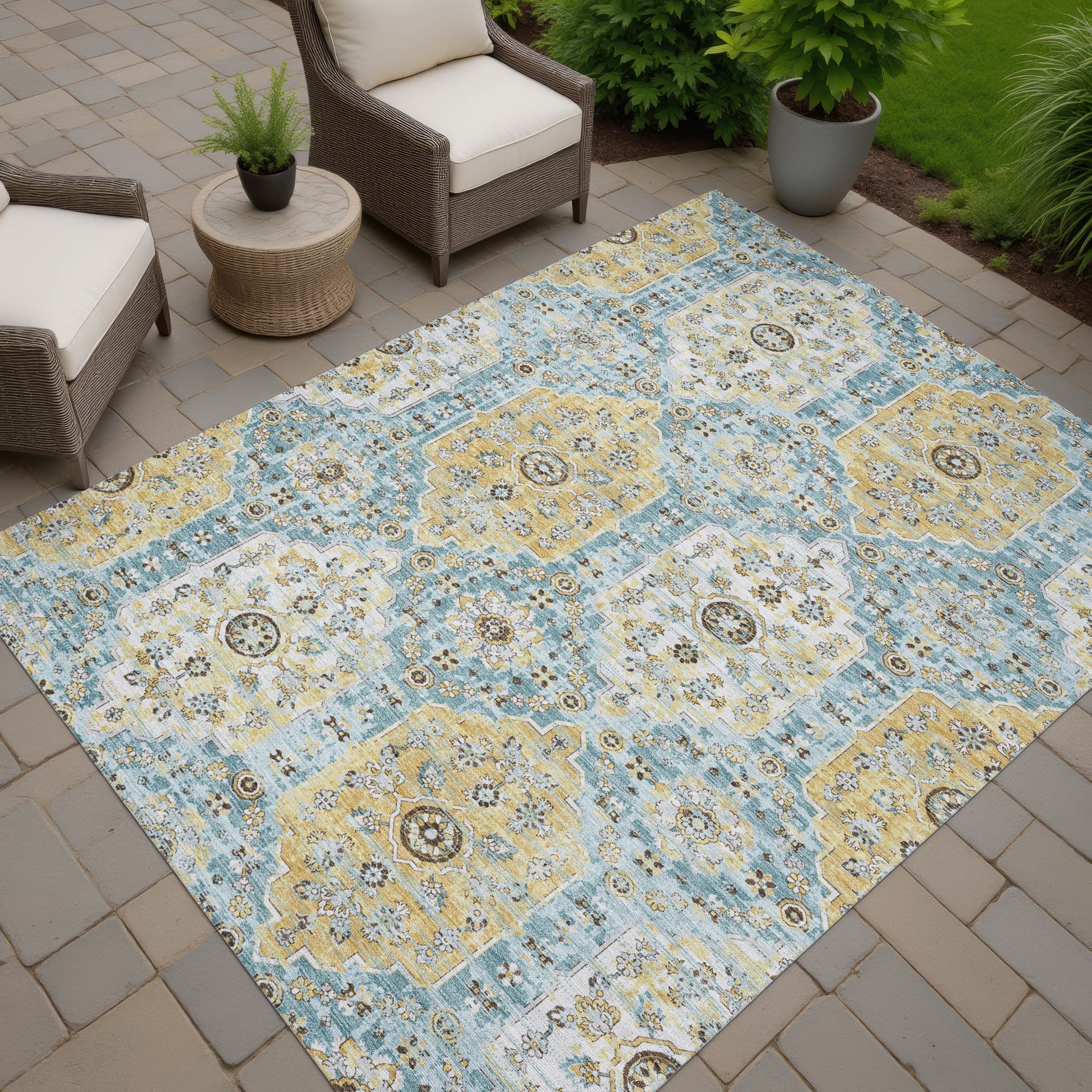 10' X 14' Teal Blue And Pewter Damask Washable Indoor Outdoor Area Rug Homeroots Outdoor