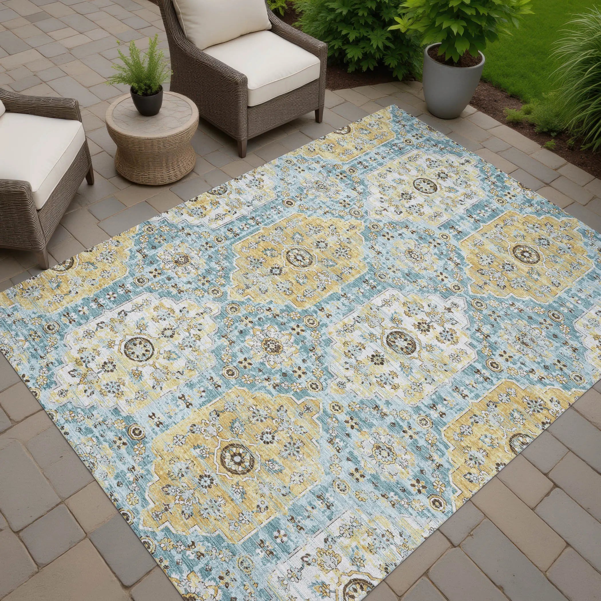 10' X 14' Teal Blue And Pewter Damask Washable Indoor Outdoor Area Rug Homeroots Outdoor