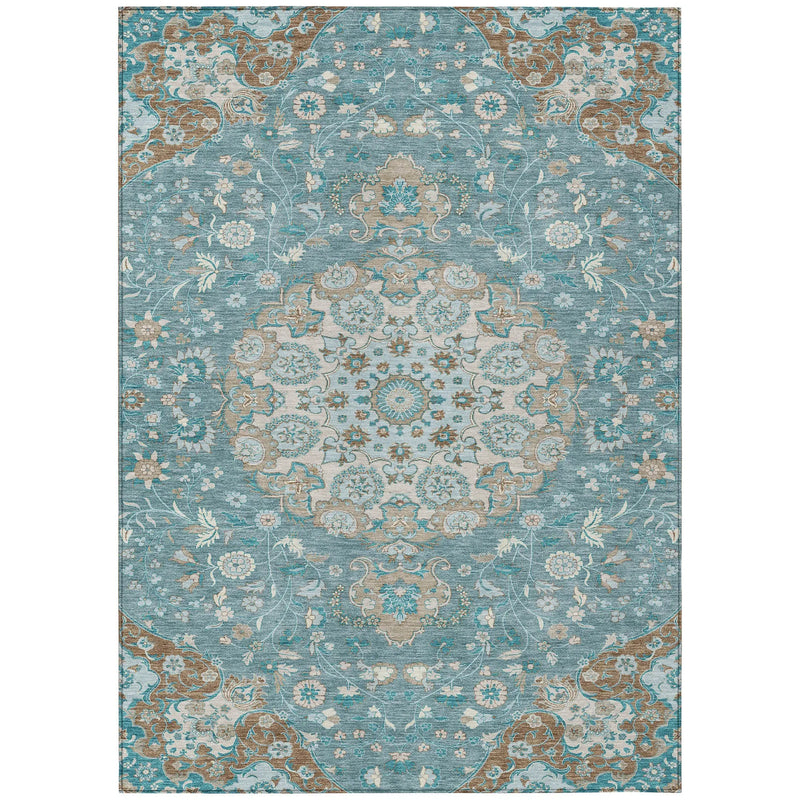 10' X 14' Teal Blue And Pewter Damask Washable Indoor Outdoor Area Rug Homeroots Outdoor