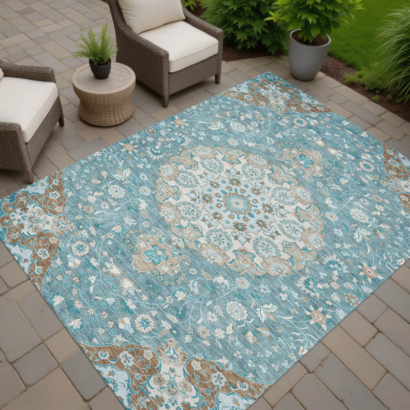 10' X 14' Teal Blue And Pewter Damask Washable Indoor Outdoor Area Rug Homeroots Outdoor